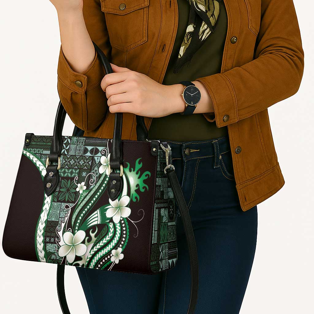 Samoa Siapo Tribal Pattern Leather Bag Forest Green Polynesian Plumeria Tapa Motif