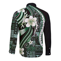 Samoa Siapo Tribal Pattern Long Sleeve Button Shirt Forest Green Polynesian Plumeria Tapa Motif