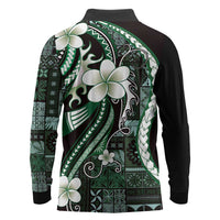 Samoa Siapo Tribal Pattern Long Sleeve Polo Shirt Forest Green Polynesian Plumeria Tapa Motif