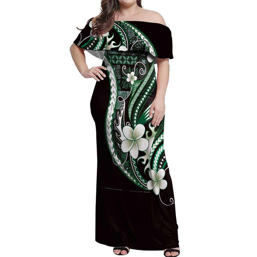 Samoa Siapo Tribal Pattern Off Shoulder Maxi Dress Forest Green Polynesian Plumeria Tapa Motif LT9 Women Green - Polynesian Pride