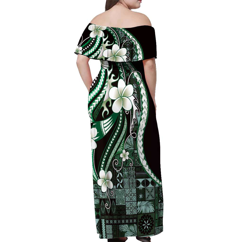 Samoa Siapo Tribal Pattern Off Shoulder Maxi Dress Forest Green Polynesian Plumeria Tapa Motif LT9 - Polynesian Pride