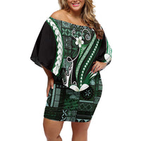 Samoa Siapo Tribal Pattern Off Shoulder Short Dress Forest Green Polynesian Plumeria Tapa Motif LT9 Women Green - Polynesian Pride