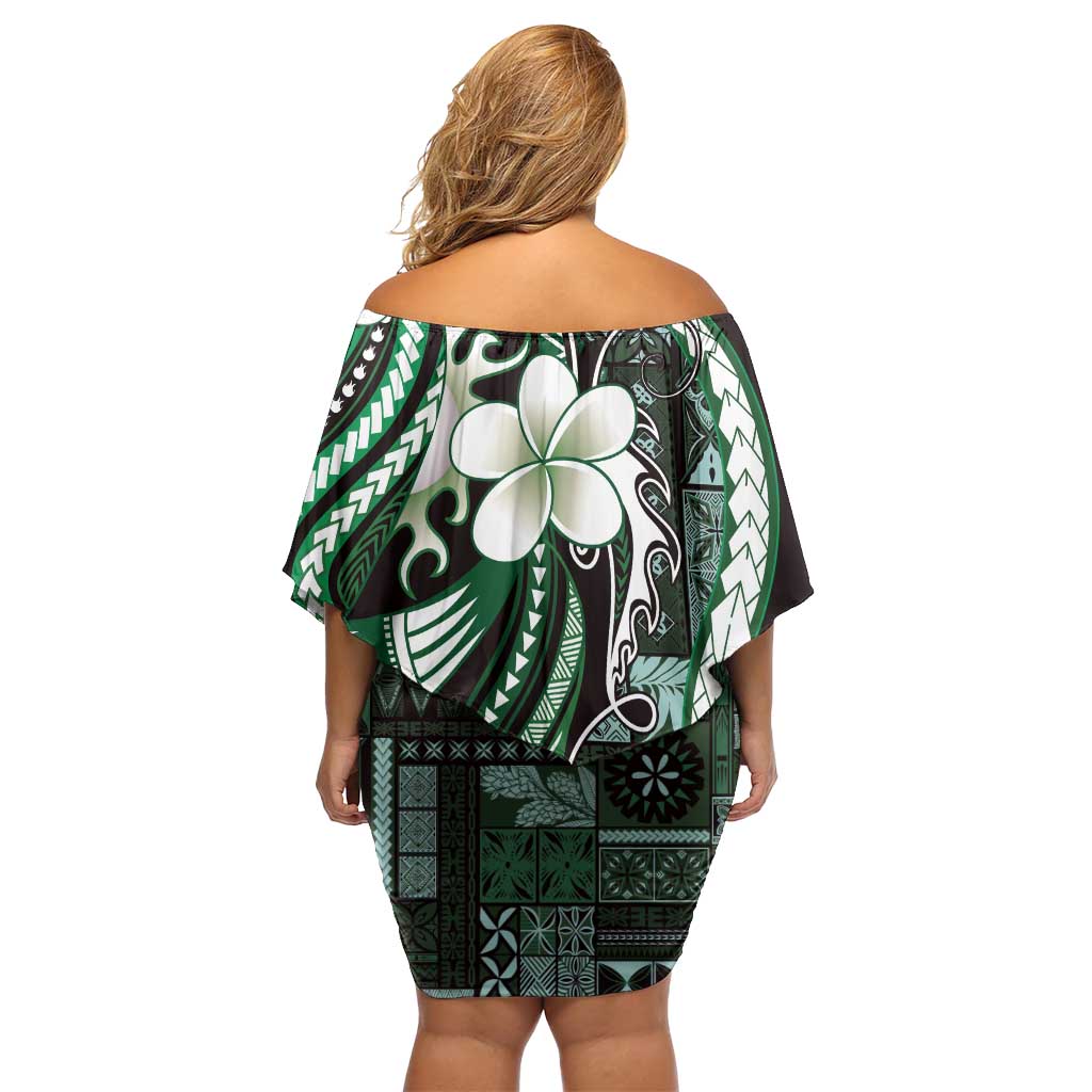 Samoa Siapo Tribal Pattern Off Shoulder Short Dress Forest Green Polynesian Plumeria Tapa Motif LT9 - Polynesian Pride