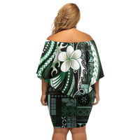 Samoa Siapo Tribal Pattern Off Shoulder Short Dress Forest Green Polynesian Plumeria Tapa Motif LT9 - Polynesian Pride