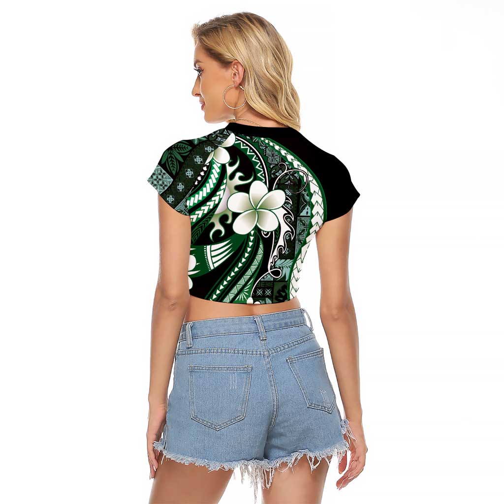 Samoa Siapo Tribal Pattern Raglan Cropped T Shirt Forest Green Polynesian Plumeria Tapa Motif LT9 - Polynesian Pride