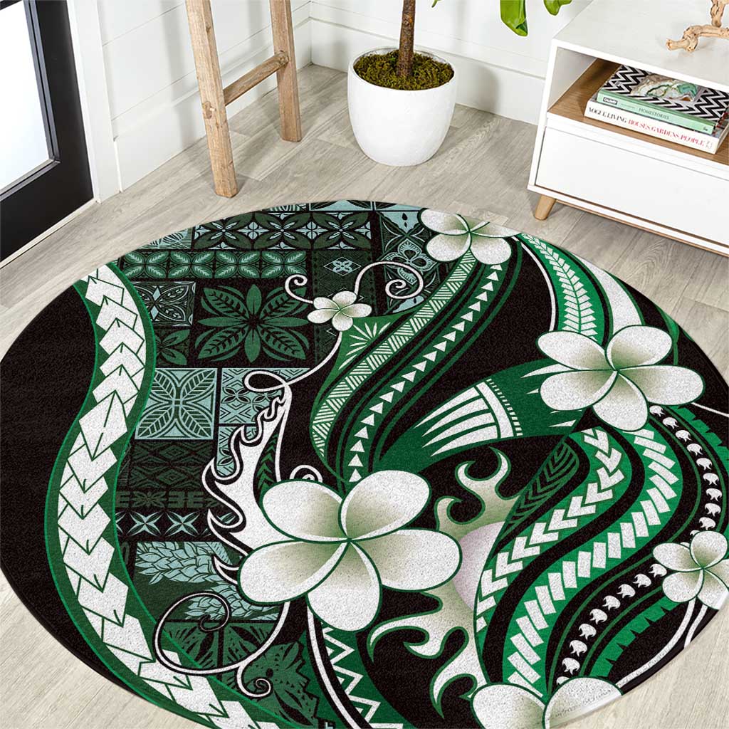 Samoa Siapo Tribal Pattern Round Carpet Forest Green Polynesian Plumeria Tapa Motif