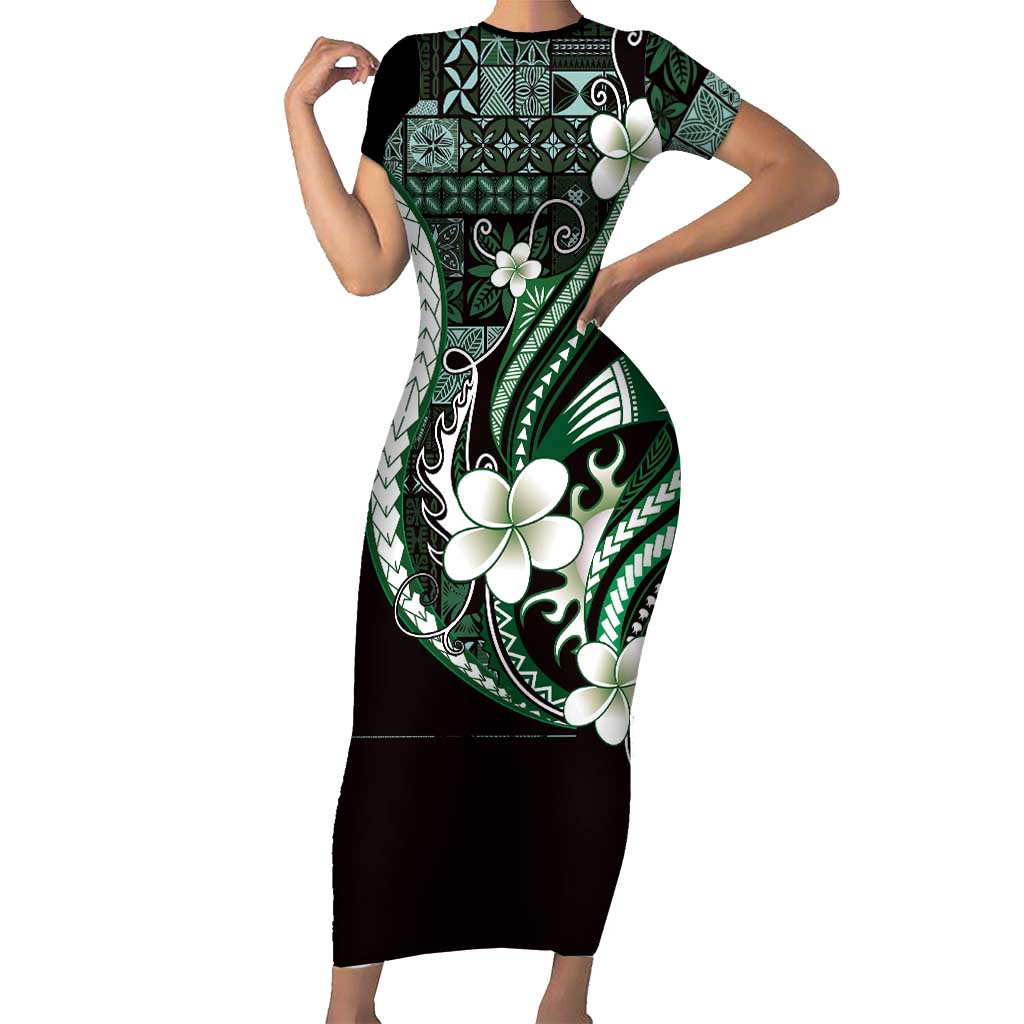 Samoa Siapo Tribal Pattern Short Sleeve Bodycon Dress Forest Green Polynesian Plumeria Tapa Motif