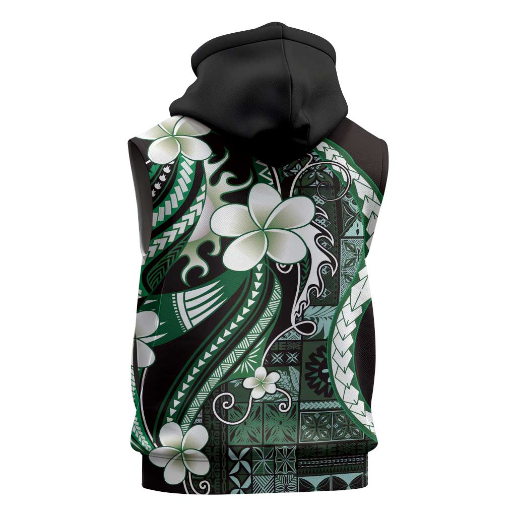 Samoa Siapo Tribal Pattern Sleeveless Zip Hoodie Forest Green Polynesian Plumeria Tapa Motif