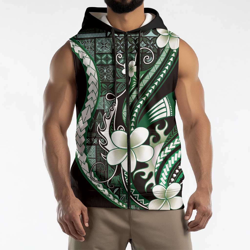 Samoa Siapo Tribal Pattern Sleeveless Zip Hoodie Forest Green Polynesian Plumeria Tapa Motif