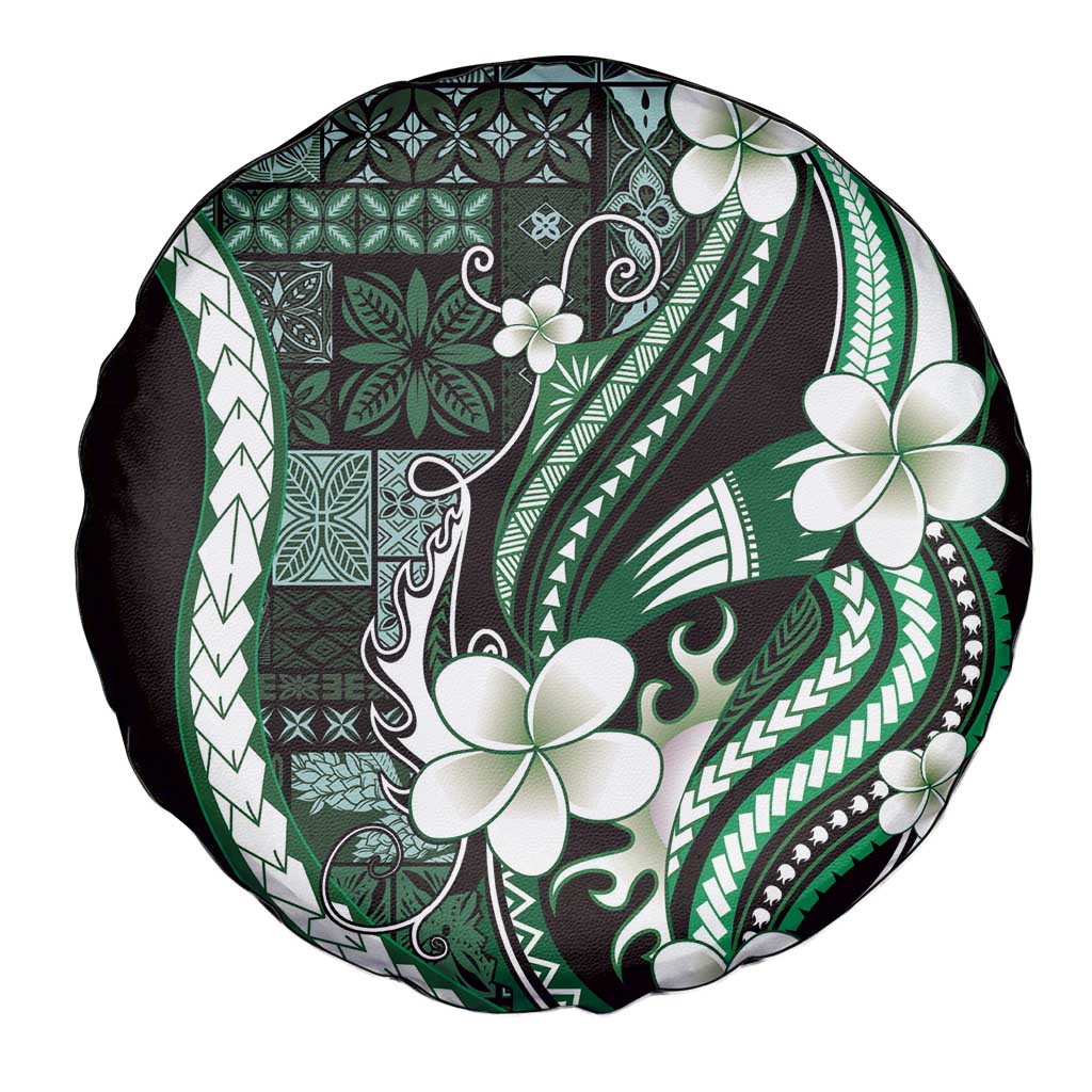 Samoa Siapo Tribal Pattern Spare Tire Cover Forest Green Polynesian Plumeria Tapa Motif