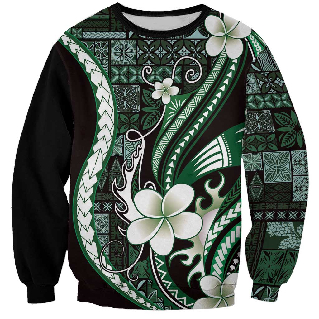 Samoa Siapo Tribal Pattern Sweatshirt Forest Green Polynesian Plumeria Tapa Motif
