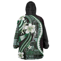 Samoa Siapo Tribal Pattern Wearable Blanket Hoodie Forest Green Polynesian Plumeria Tapa Motif
