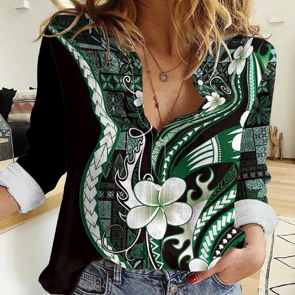 Samoa Siapo Tribal Pattern Women Casual Shirt Forest Green Polynesian Plumeria Tapa Motif LT9 Female Green - Polynesian Pride