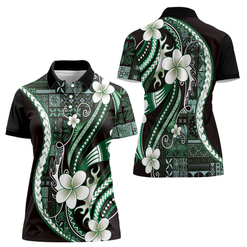 Samoa Siapo Tribal Pattern Women Polo Shirt Forest Green Polynesian Plumeria Tapa Motif LT9 - Polynesian Pride