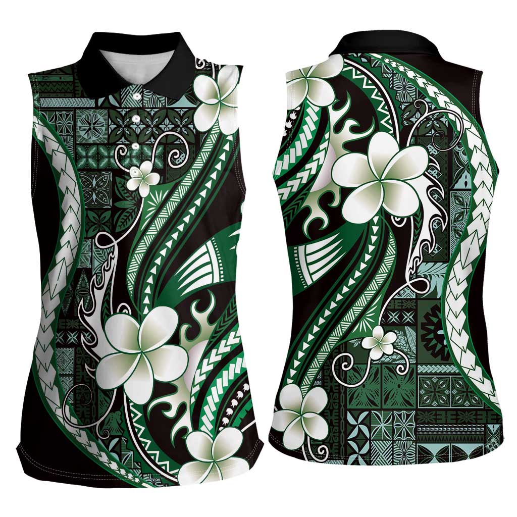 Samoa Siapo Tribal Pattern Women Sleeveless Polo Shirt Forest Green Polynesian Plumeria Tapa Motif LT9 - Polynesian Pride