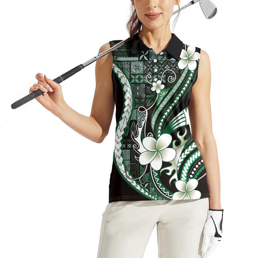 Samoa Siapo Tribal Pattern Women Sleeveless Polo Shirt Forest Green Polynesian Plumeria Tapa Motif LT9 - Polynesian Pride