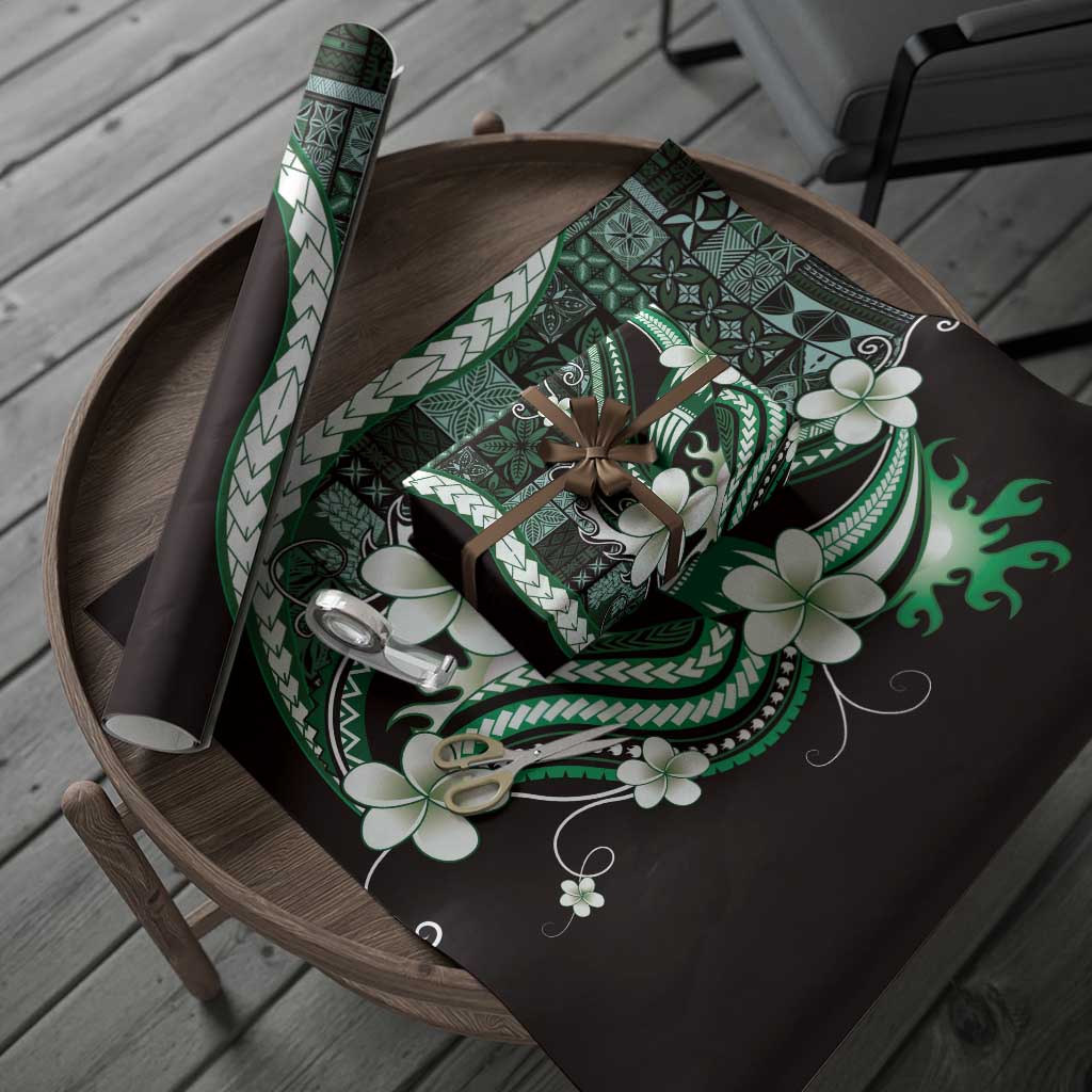 Samoa Siapo Tribal Pattern Wrapping Paper Forest Green Polynesian Plumeria Tapa Motif