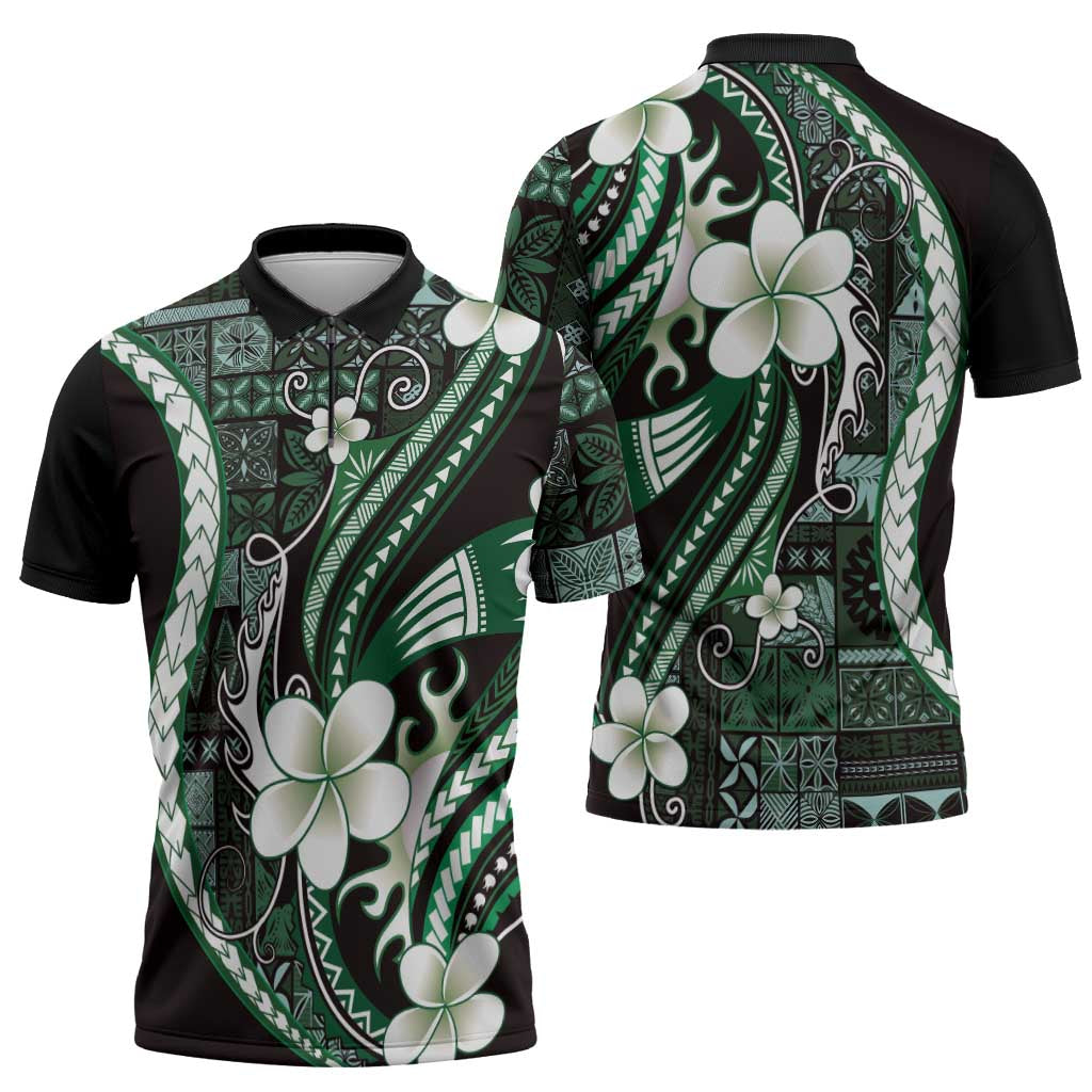 Samoa Siapo Tribal Pattern Zipper Polo Shirt Forest Green Polynesian Plumeria Tapa Motif
