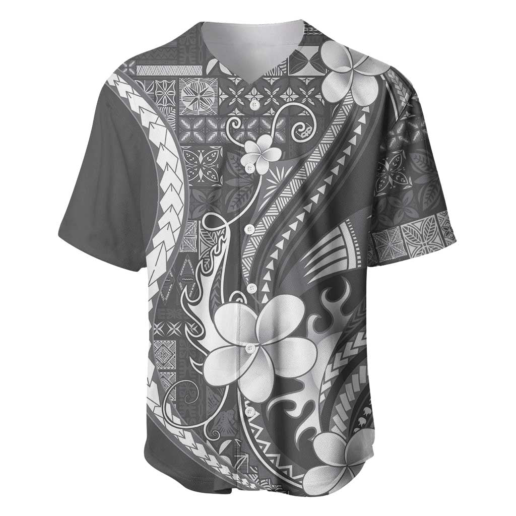 Samoa Siapo Tribal Pattern Baseball Jersey Light Gray Polynesian Plumeria Tapa Motif LT9 Gray - Polynesian Pride