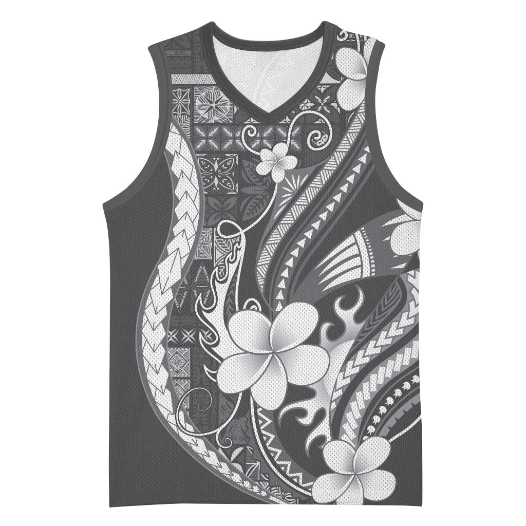 Samoa Siapo Tribal Pattern Basketball Jersey Light Gray Polynesian Plumeria Tapa Motif