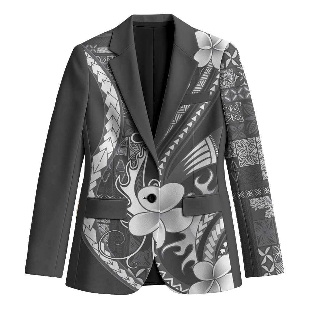 Samoa Siapo Tribal Pattern Blazer Light Gray Polynesian Plumeria Tapa Motif
