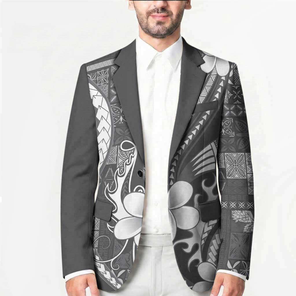 Samoa Siapo Tribal Pattern Blazer Light Gray Polynesian Plumeria Tapa Motif