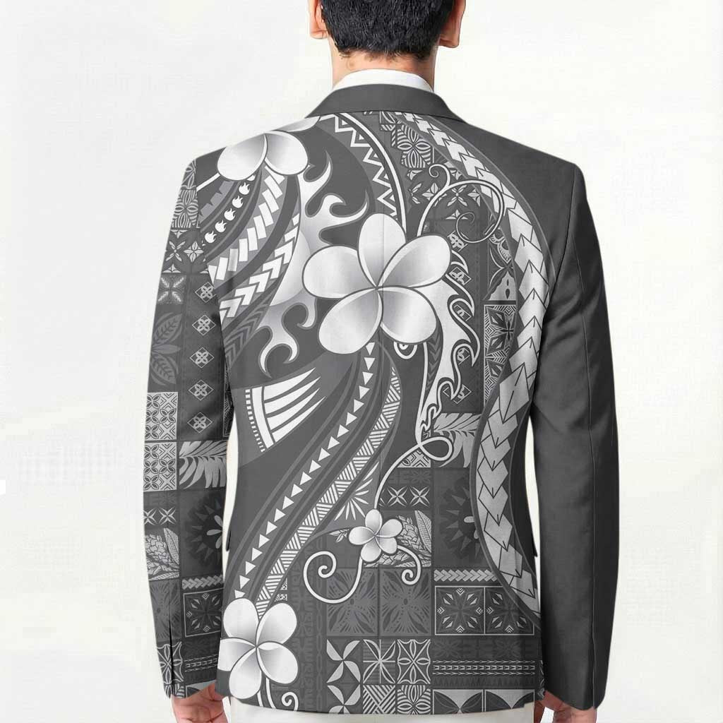 Samoa Siapo Tribal Pattern Blazer Light Gray Polynesian Plumeria Tapa Motif