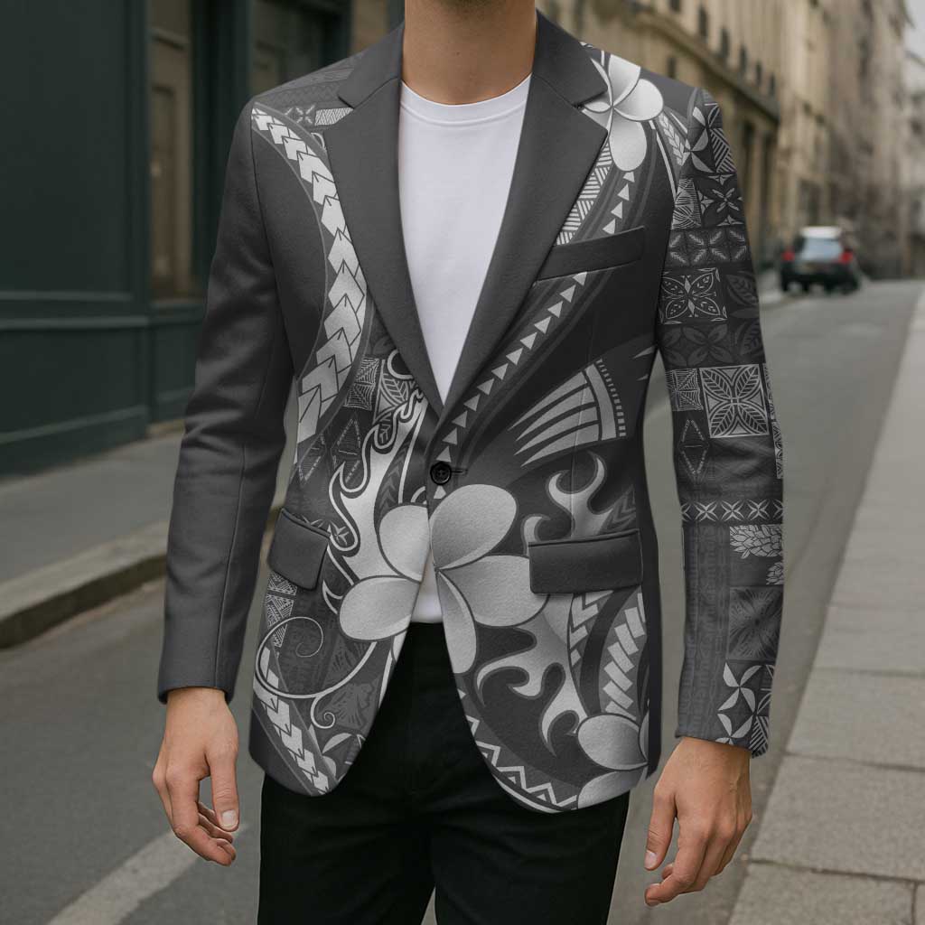 Samoa Siapo Tribal Pattern Blazer Light Gray Polynesian Plumeria Tapa Motif