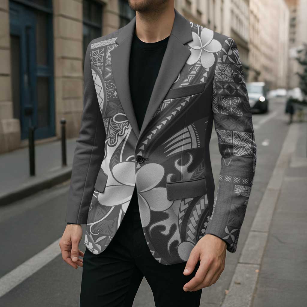 Samoa Siapo Tribal Pattern Blazer Light Gray Polynesian Plumeria Tapa Motif