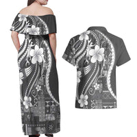 Samoa Siapo Tribal Pattern Couples Matching Off Shoulder Maxi Dress and Hawaiian Shirt Light Gray Polynesian Plumeria Tapa Motif LT9 - Polynesian Pride