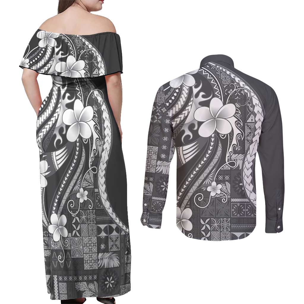 Samoa Siapo Tribal Pattern Couples Matching Off Shoulder Maxi Dress and Long Sleeve Button Shirt Light Gray Polynesian Plumeria Tapa Motif LT9 - Polynesian Pride