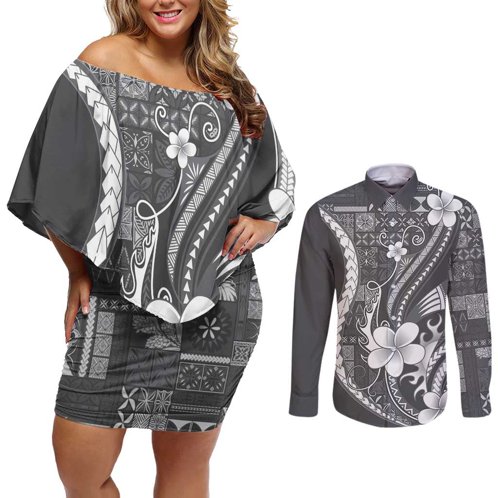 Samoa Siapo Tribal Pattern Couples Matching Off Shoulder Short Dress and Long Sleeve Button Shirt Light Gray Polynesian Plumeria Tapa Motif LT9 Gray - Polynesian Pride