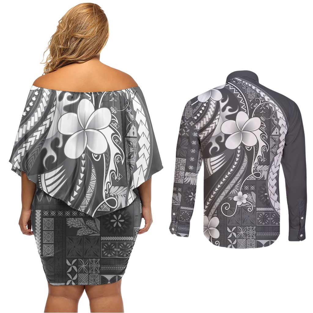Samoa Siapo Tribal Pattern Couples Matching Off Shoulder Short Dress and Long Sleeve Button Shirt Light Gray Polynesian Plumeria Tapa Motif LT9 - Polynesian Pride