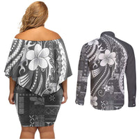 Samoa Siapo Tribal Pattern Couples Matching Off Shoulder Short Dress and Long Sleeve Button Shirt Light Gray Polynesian Plumeria Tapa Motif LT9 - Polynesian Pride