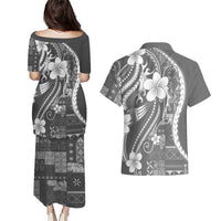 Samoa Siapo Tribal Pattern Couples Matching Puletasi and Hawaiian Shirt Light Gray Polynesian Plumeria Tapa Motif LT9 - Polynesian Pride