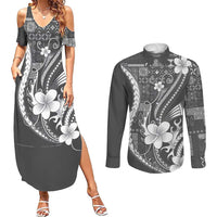 Samoa Siapo Tribal Pattern Couples Matching Summer Maxi Dress and Long Sleeve Button Shirt Light Gray Polynesian Plumeria Tapa Motif LT9 Gray - Polynesian Pride