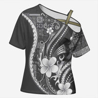 Samoa Siapo Tribal Pattern Cross Shoulder Shirt Light Gray Polynesian Plumeria Tapa Motif