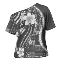 Samoa Siapo Tribal Pattern Cross Shoulder Shirt Light Gray Polynesian Plumeria Tapa Motif