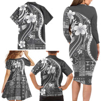 Samoa Siapo Tribal Pattern Family Matching Long Sleeve Bodycon Dress and Hawaiian Shirt Light Gray Polynesian Plumeria Tapa Motif
