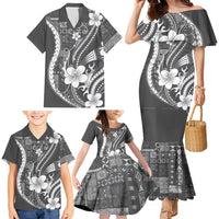 Samoa Siapo Tribal Pattern Family Matching Mermaid Dress and Hawaiian Shirt Light Gray Polynesian Plumeria Tapa Motif LT9 - Polynesian Pride