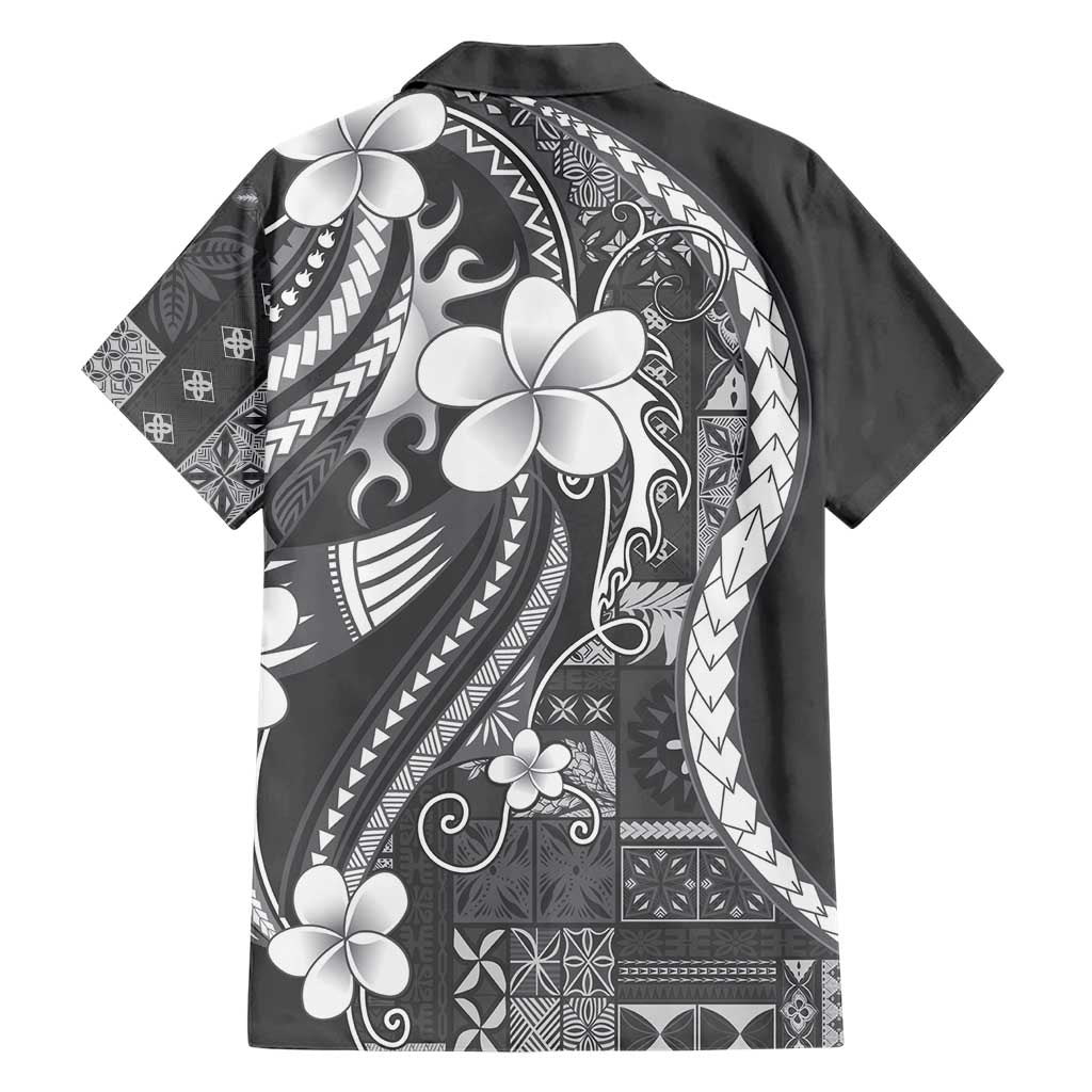 Samoa Siapo Tribal Pattern Family Matching Off The Shoulder Long Sleeve Dress and Hawaiian Shirt Light Gray Polynesian Plumeria Tapa Motif LT9 - Polynesian Pride