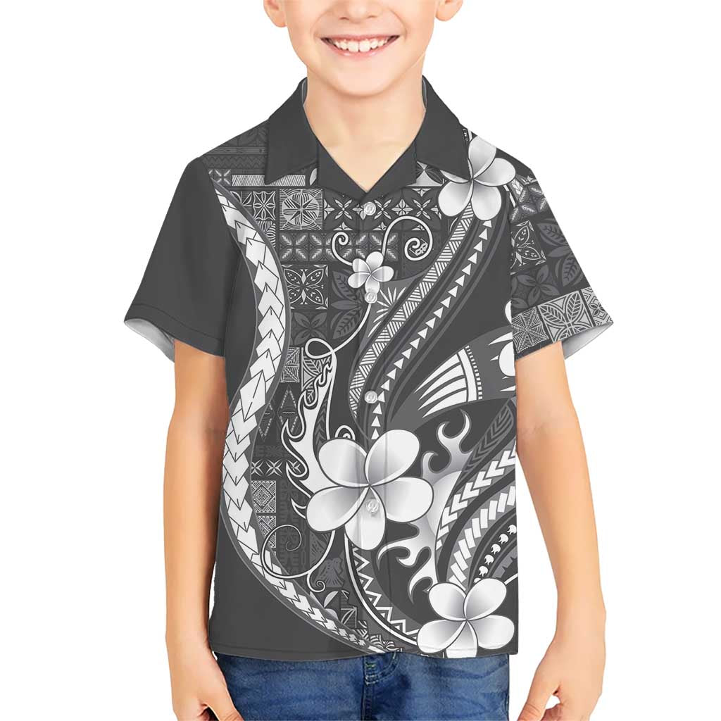 Samoa Siapo Tribal Pattern Family Matching Off The Shoulder Long Sleeve Dress and Hawaiian Shirt Light Gray Polynesian Plumeria Tapa Motif LT9 Son's Shirt Gray - Polynesian Pride
