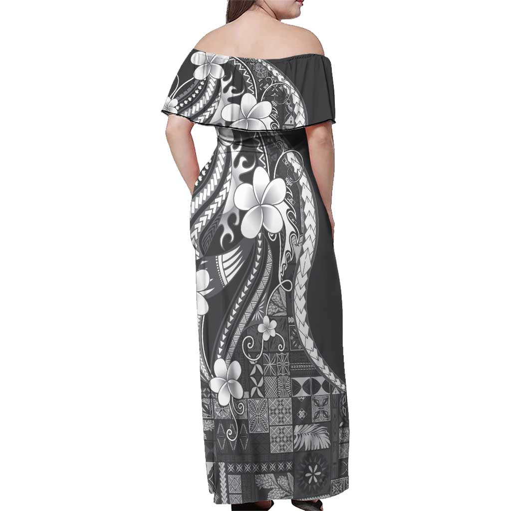 Samoa Siapo Tribal Pattern Family Matching Off Shoulder Maxi Dress and Hawaiian Shirt Light Gray Polynesian Plumeria Tapa Motif