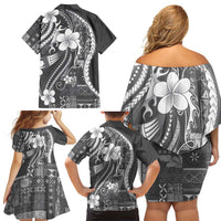 Samoa Siapo Tribal Pattern Family Matching Off Shoulder Short Dress and Hawaiian Shirt Light Gray Polynesian Plumeria Tapa Motif