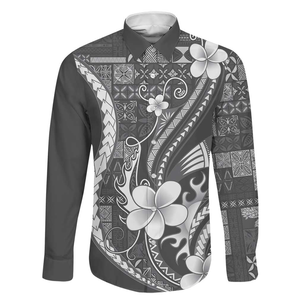 Samoa Siapo Tribal Pattern Family Matching Puletasi and Hawaiian Shirt Light Gray Polynesian Plumeria Tapa Motif LT9 Dad's Shirt - Long Sleeve Gray - Polynesian Pride