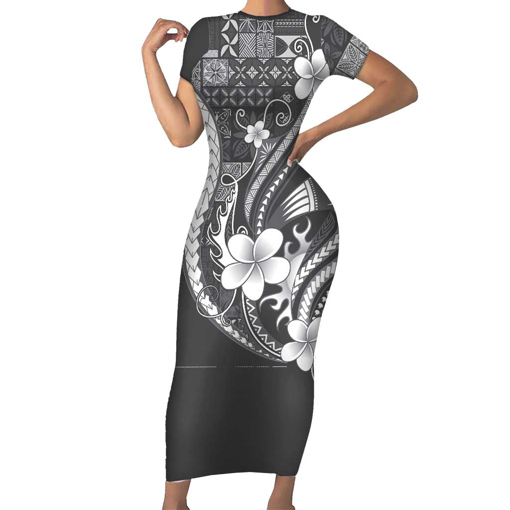 Samoa Siapo Tribal Pattern Family Matching Short Sleeve Bodycon Dress and Hawaiian Shirt Light Gray Polynesian Plumeria Tapa Motif LT9 Mom's Dress Gray - Polynesian Pride