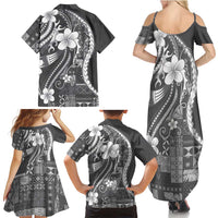 Samoa Siapo Tribal Pattern Family Matching Summer Maxi Dress and Hawaiian Shirt Light Gray Polynesian Plumeria Tapa Motif