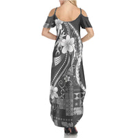 Samoa Siapo Tribal Pattern Family Matching Summer Maxi Dress and Hawaiian Shirt Light Gray Polynesian Plumeria Tapa Motif