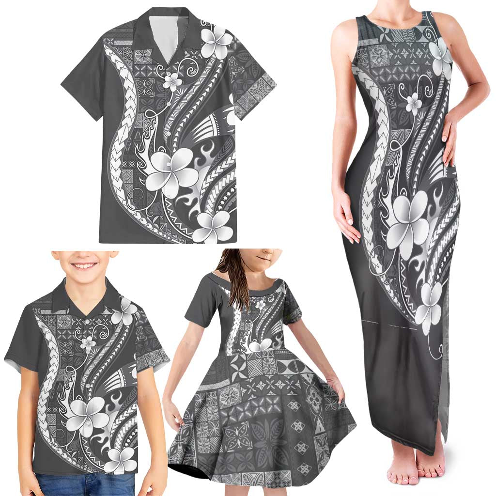 Samoa Siapo Tribal Pattern Family Matching Tank Maxi Dress and Hawaiian Shirt Light Gray Polynesian Plumeria Tapa Motif