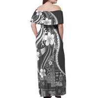 Samoa Siapo Tribal Pattern Off Shoulder Maxi Dress Light Gray Polynesian Plumeria Tapa Motif